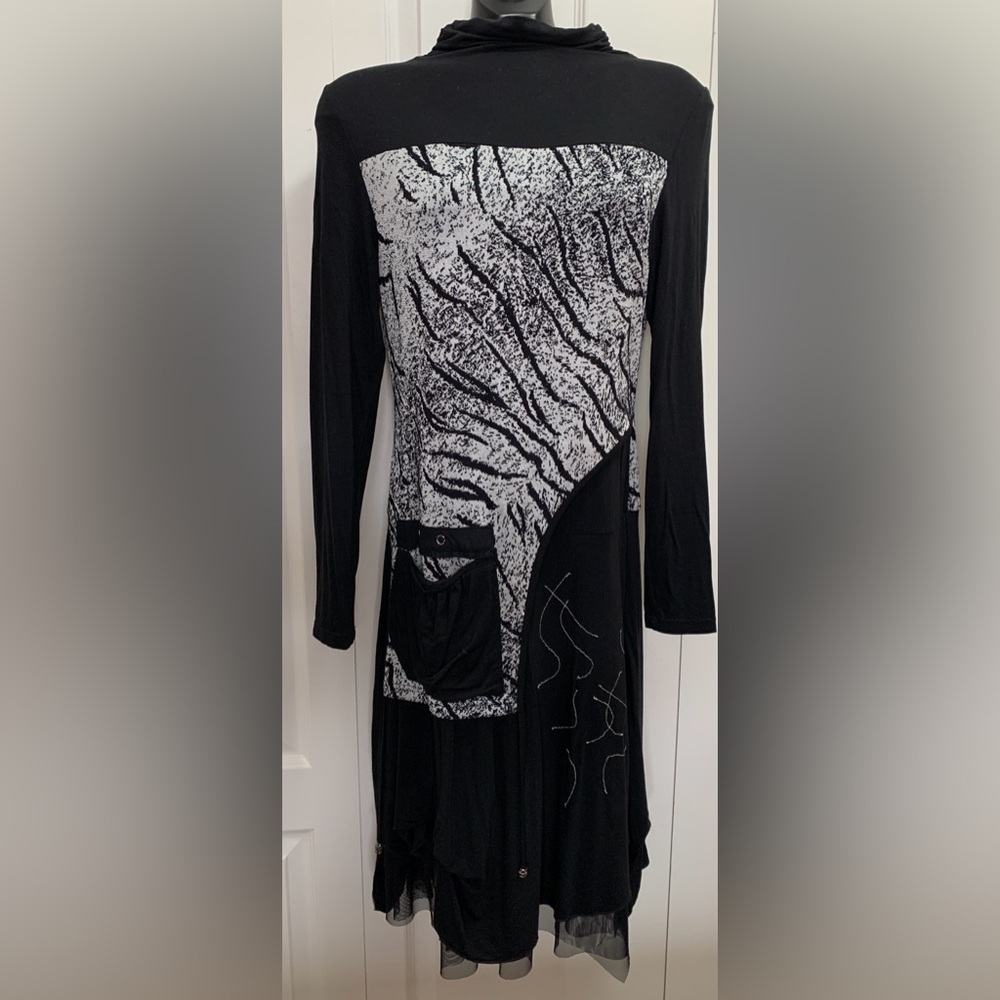 PAOLO Tricot Small Long Sleeve Cotton Blend Dress 3-Layer Tulle Hem Pocket Zebra